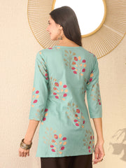 Women Blue Cotton Blend Floral Printed Regular Top-VT1387