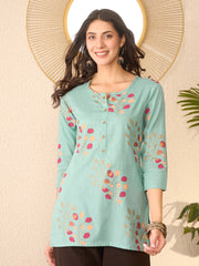 Women Blue Cotton Blend Floral Printed Regular Top-VT1387