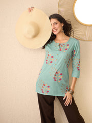 Women Blue Cotton Blend Floral Printed Regular Top-VT1387