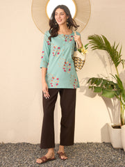 Women Blue Cotton Blend Floral Printed Regular Top-VT1387