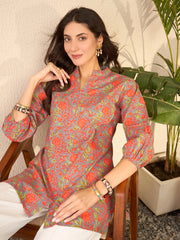 Women Grey Cotton Blend Floral Printed Regular Top-VT1388