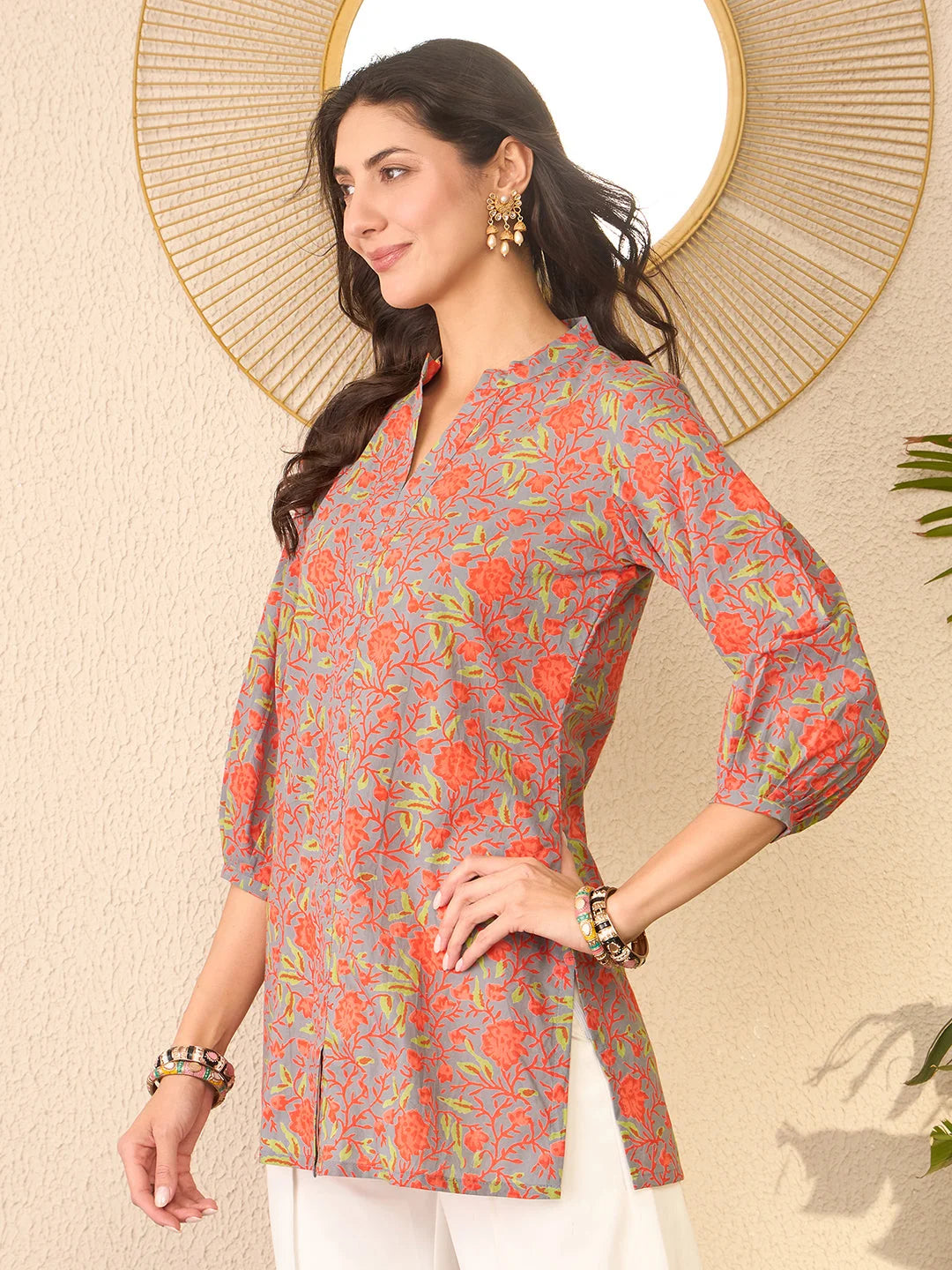 Women Grey Cotton Blend Floral Printed Regular Top