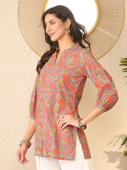 Women Grey Cotton Blend Floral Printed Regular Top-VT1388