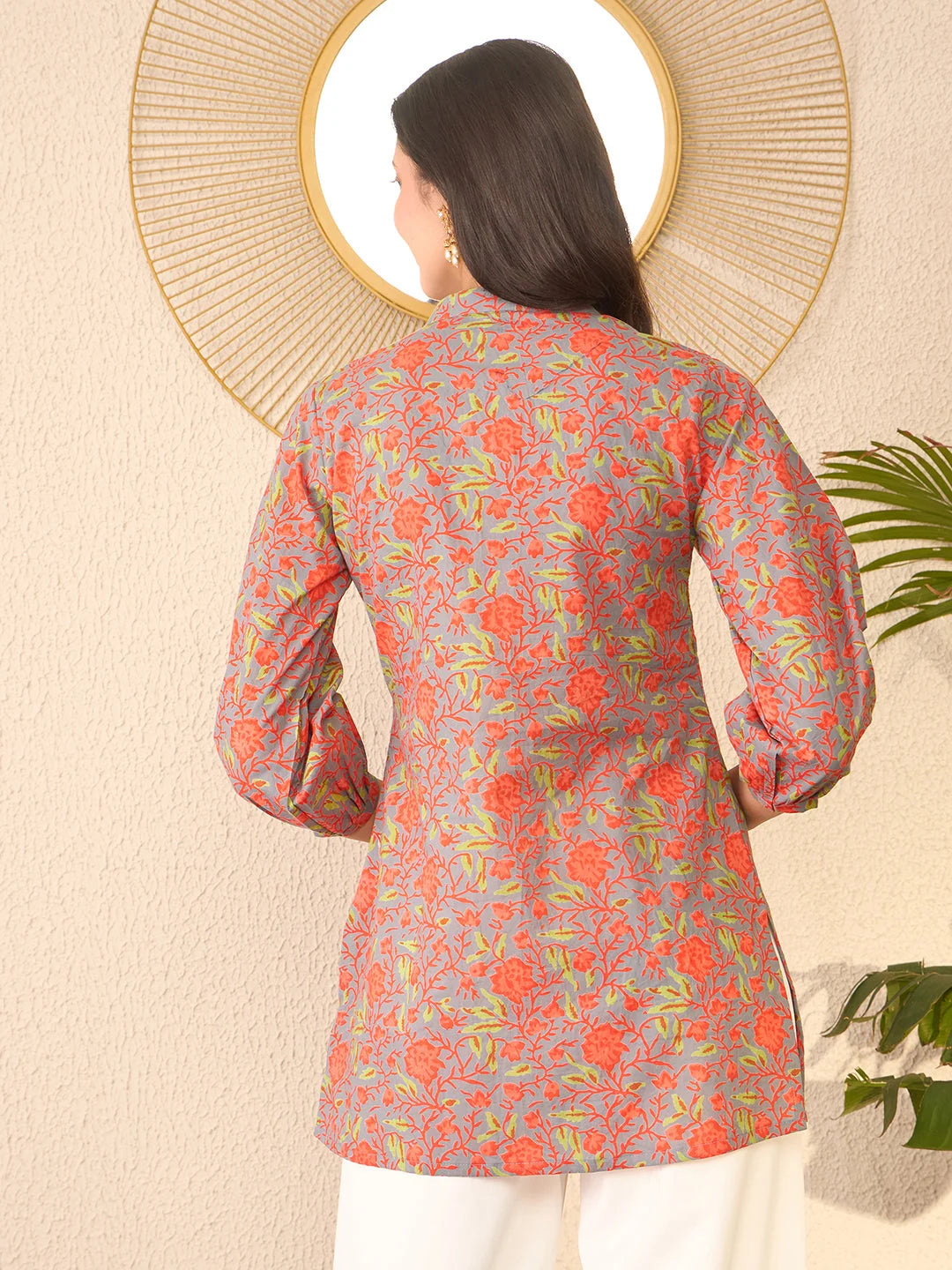 Women Grey Cotton Blend Floral Printed Regular Top