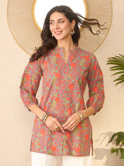 Women Grey Cotton Blend Floral Printed Regular Top-VT1388