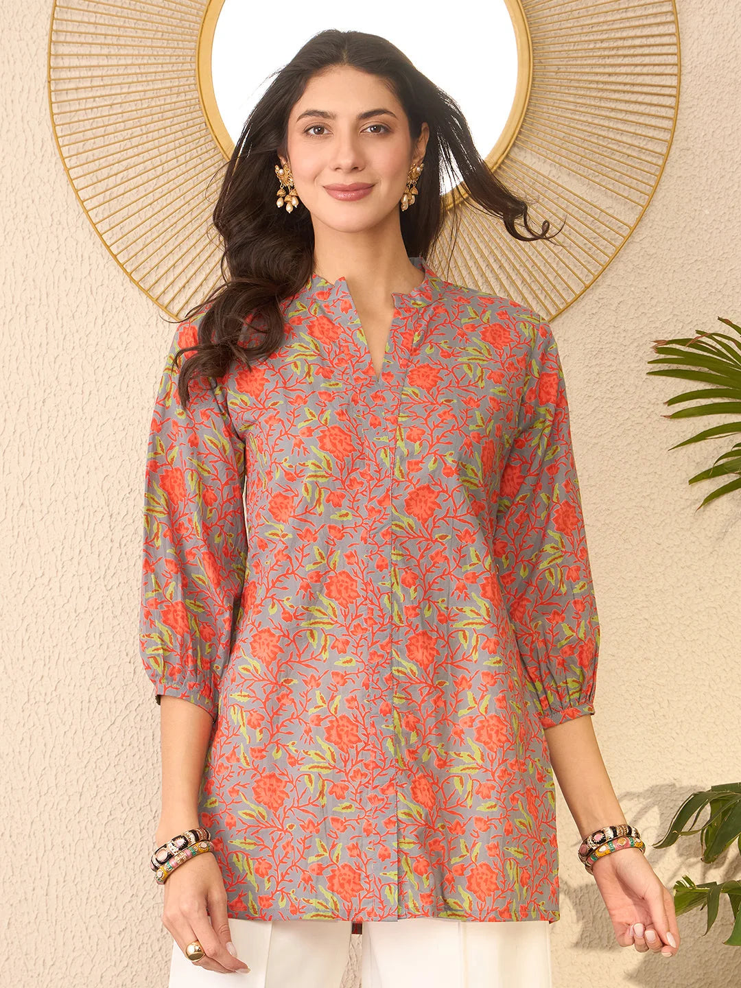 Women Grey Cotton Blend Floral Printed Regular Top