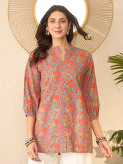 Women Grey Cotton Blend Floral Printed Regular Top-VT1388