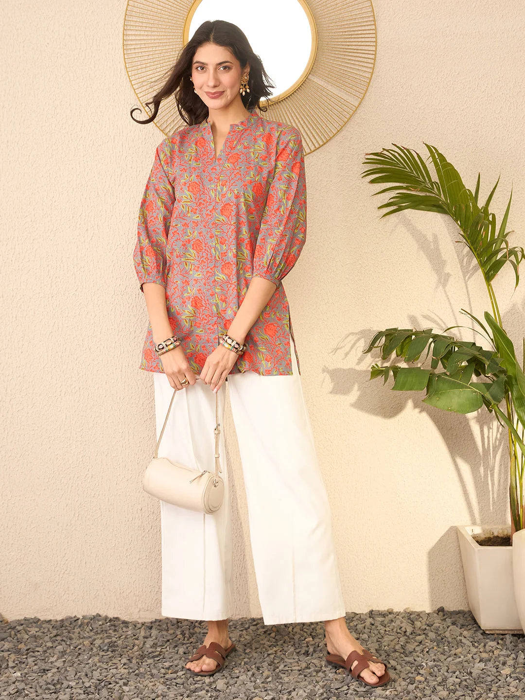 Women Grey Cotton Blend Floral Printed Regular Top