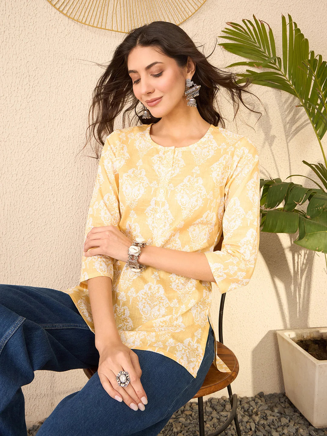 Women Yellow Cotton Blend Ethnic Motifs Printed Regular Top