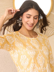 Women Yellow Cotton Blend Ethnic Motifs Printed Regular Top-VT1389