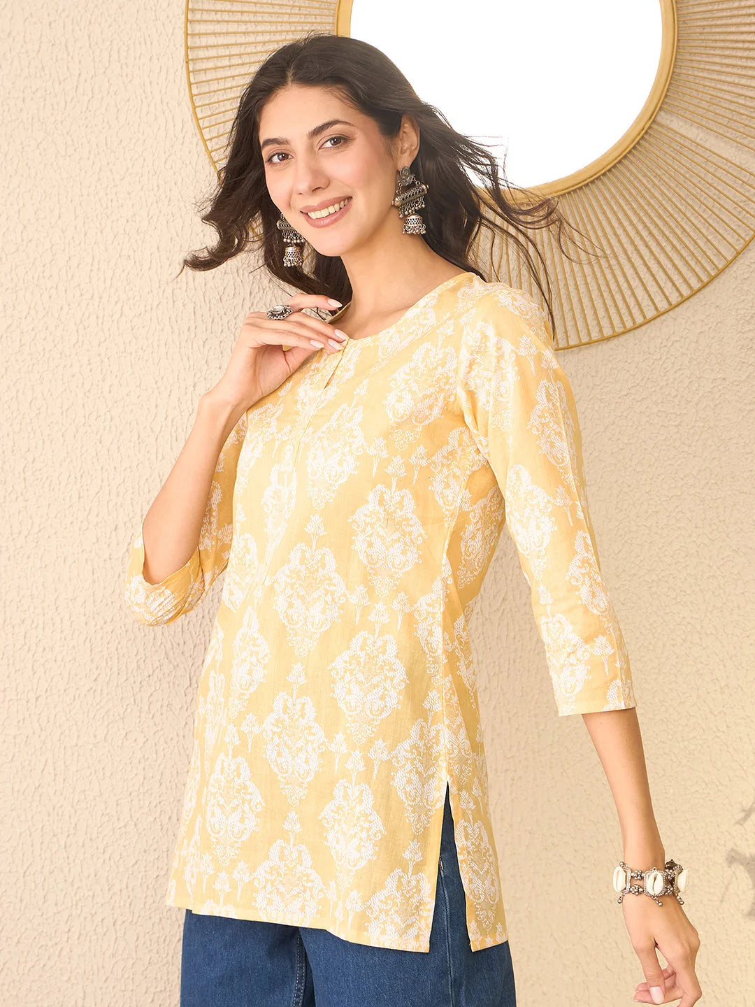 Women Yellow Cotton Blend Ethnic Motifs Printed Regular Top
