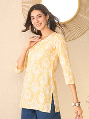 Women Yellow Cotton Blend Ethnic Motifs Printed Regular Top-VT1389