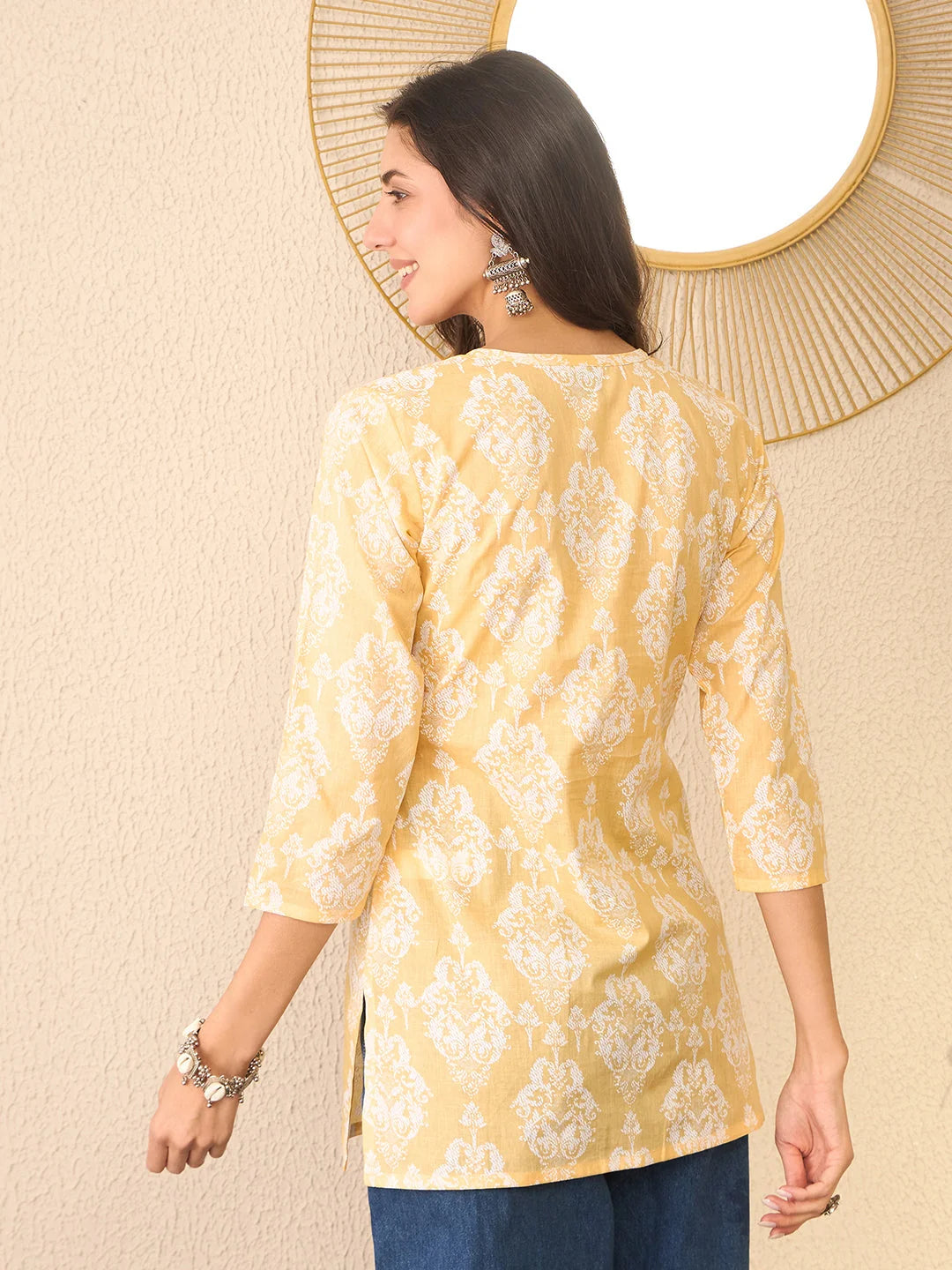 Women Yellow Cotton Blend Ethnic Motifs Printed Regular Top
