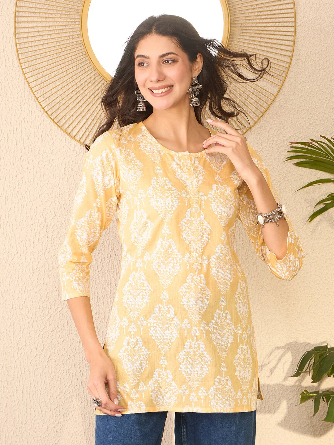 Women Yellow Cotton Blend Ethnic Motifs Printed Regular Top