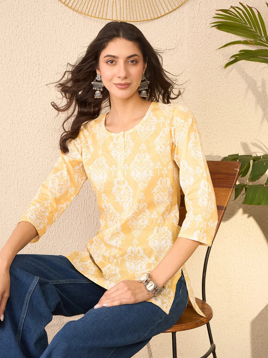 Women Yellow Cotton Blend Ethnic Motifs Printed Regular Top