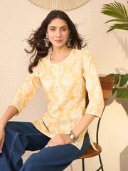Women Yellow Cotton Blend Ethnic Motifs Printed Regular Top-VT1389