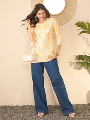 Women Yellow Cotton Blend Ethnic Motifs Printed Regular Top-VT1389