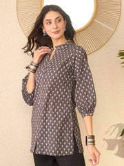 Women Grey Cotton Blend Floral Printed Regular Top-VT1390