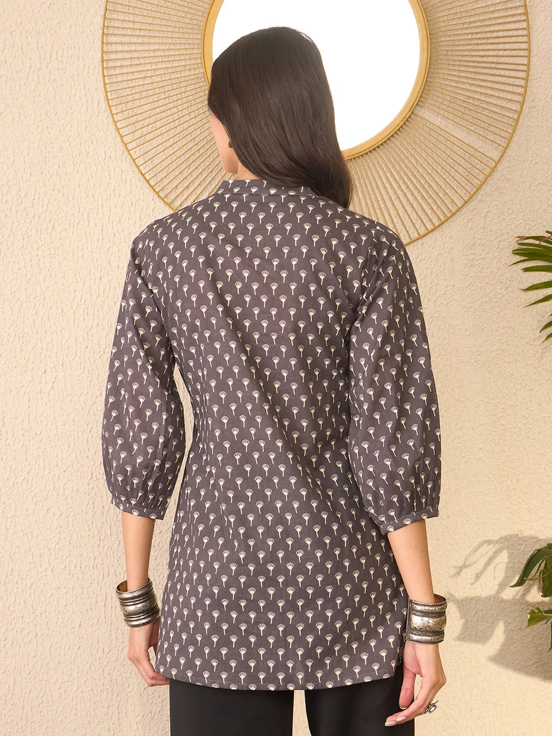 Women Grey Cotton Blend Floral Printed Regular Top