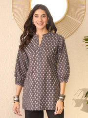 Women Grey Cotton Blend Floral Printed Regular Top-VT1390