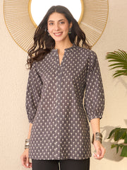 Women Grey Cotton Blend Floral Printed Regular Top-VT1390