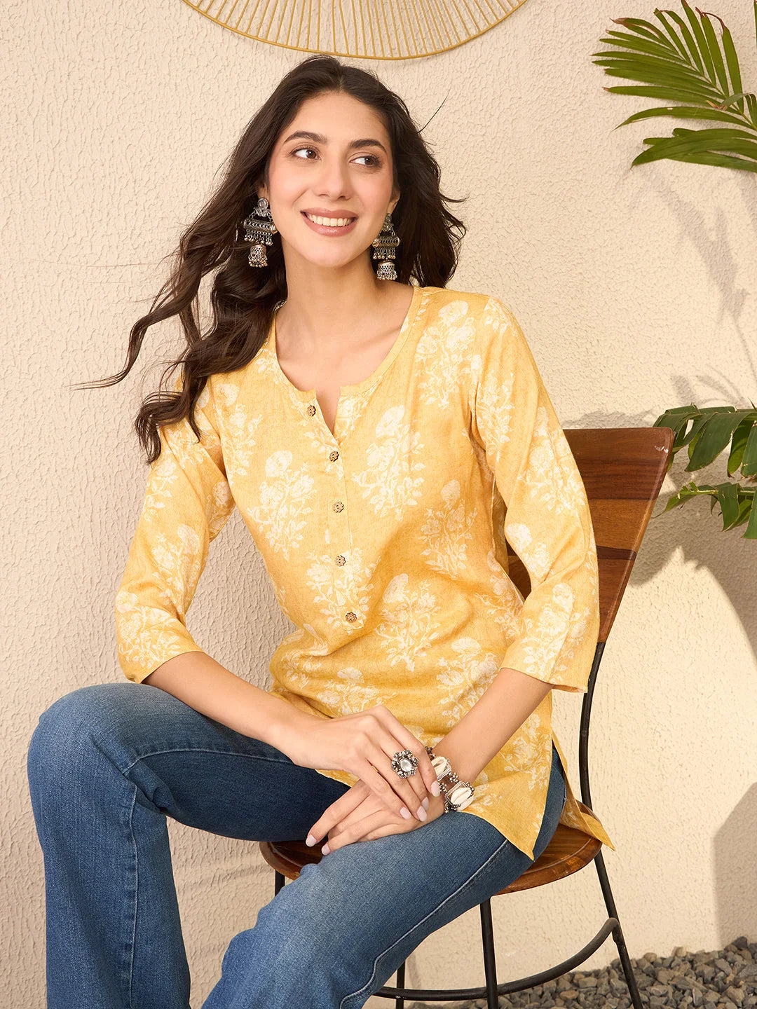 Women Yellow Cotton Blend Floral Printed Regular Top-VT1391