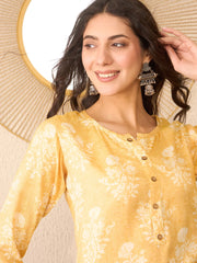 Women Yellow Cotton Blend Floral Printed Regular Top-VT1391