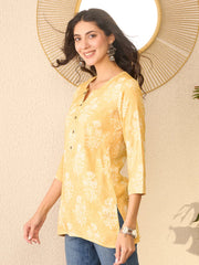Women Yellow Cotton Blend Floral Printed Regular Top-VT1391