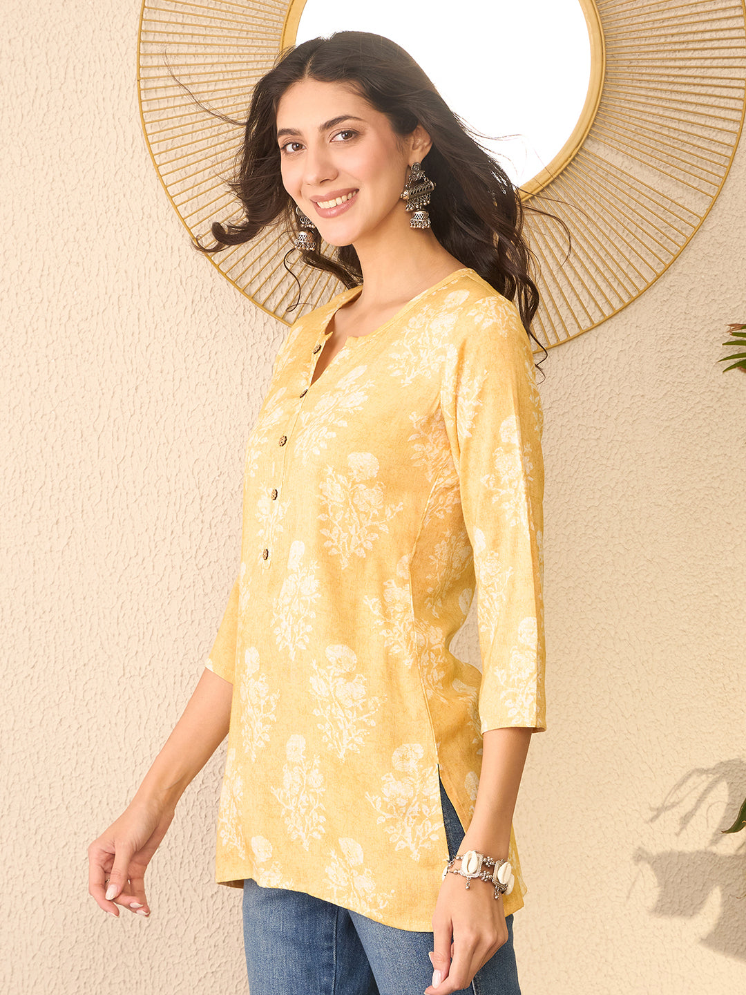 Women Yellow Cotton Blend Floral Printed Regular Top