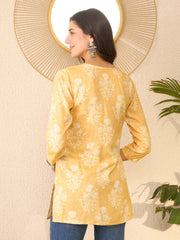 Women Yellow Cotton Blend Floral Printed Regular Top-VT1391