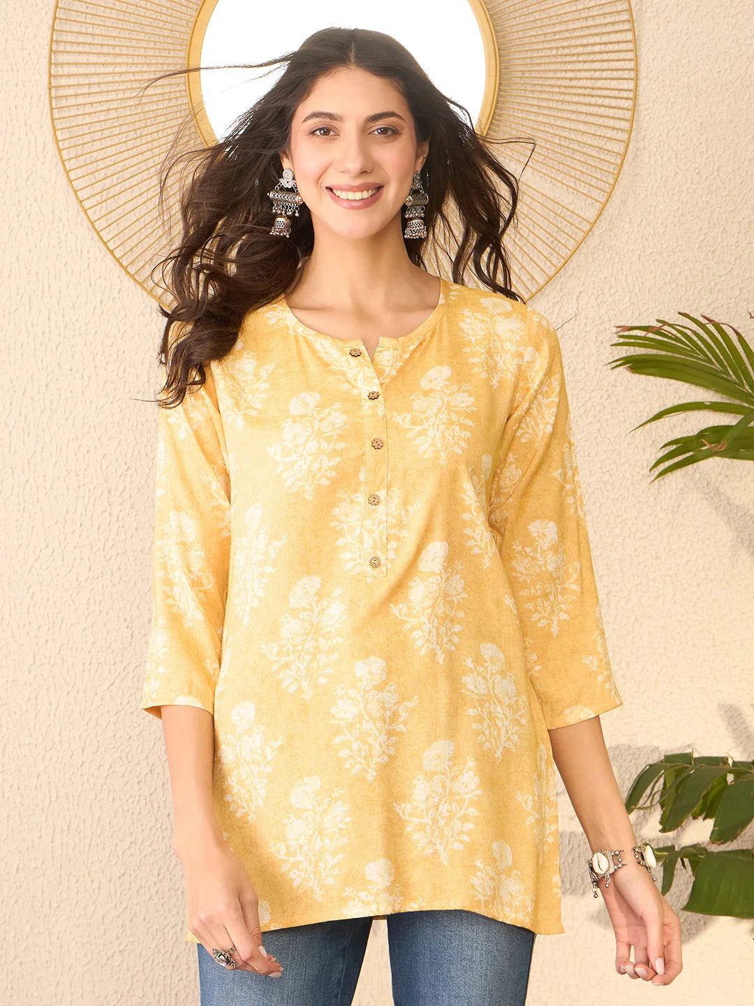 Women Yellow Cotton Blend Floral Printed Regular Top