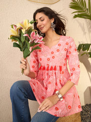Women Pink Cotton Blend Floral Printed Regular Peplum Top-VT1392