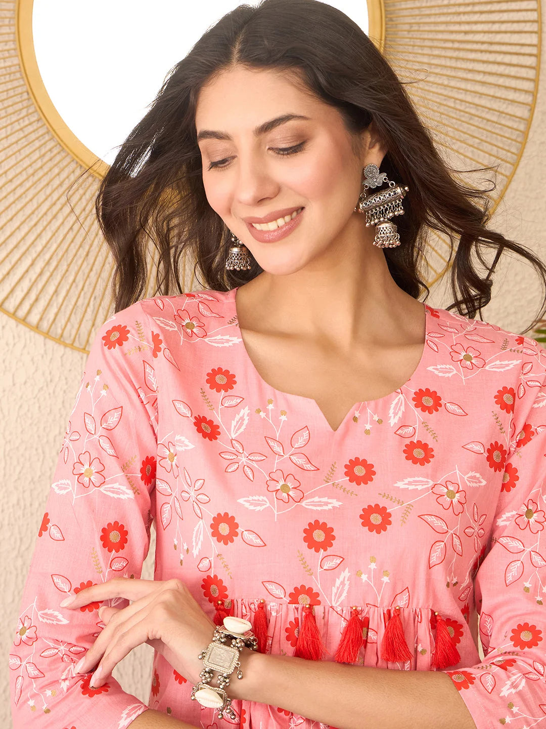 Women Pink Cotton Blend Floral Printed Regular Peplum Top