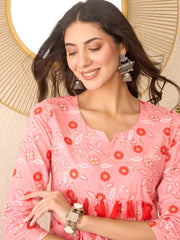 Women Pink Cotton Blend Floral Printed Regular Peplum Top-VT1392