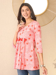 Women Pink Cotton Blend Floral Printed Regular Peplum Top-VT1392