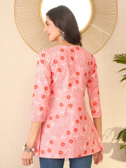 Women Pink Cotton Blend Floral Printed Regular Peplum Top-VT1392