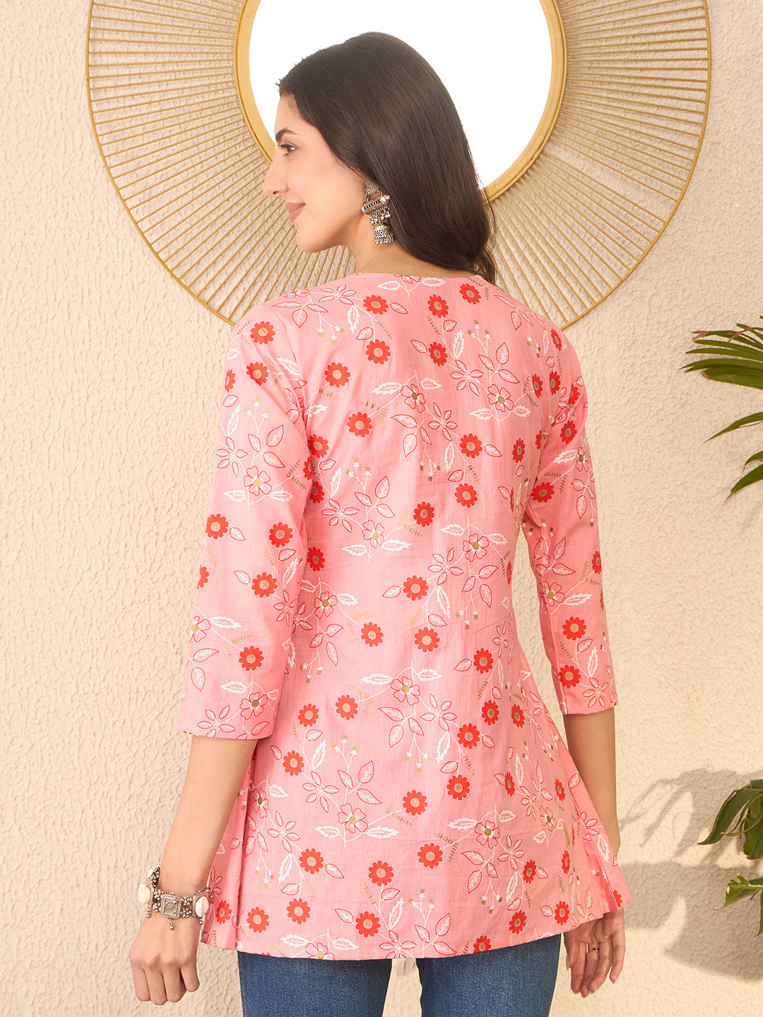 Women Pink Cotton Blend Floral Printed Regular Peplum Top