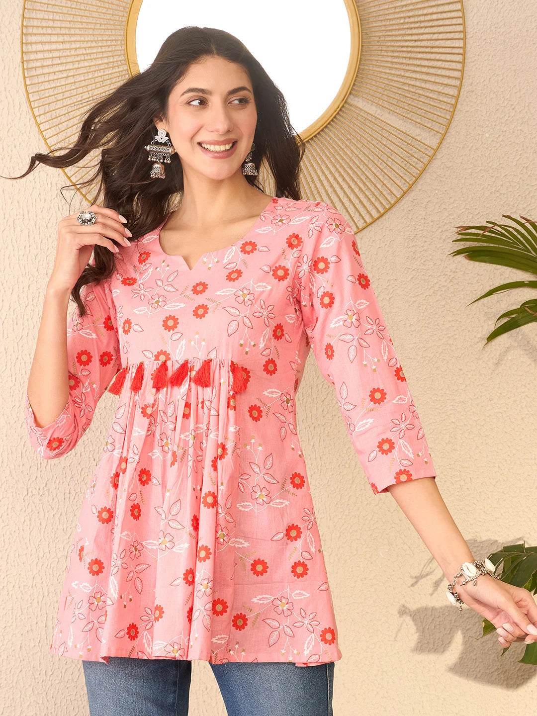 Women Pink Cotton Blend Floral Printed Regular Peplum Top