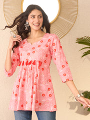 Women Pink Cotton Blend Floral Printed Regular Peplum Top-VT1392