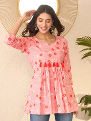 Women Pink Cotton Blend Floral Printed Regular Peplum Top-VT1392