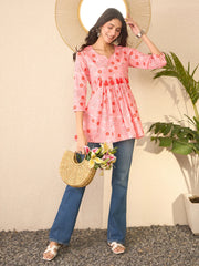 Women Pink Cotton Blend Floral Printed Regular Peplum Top-VT1392
