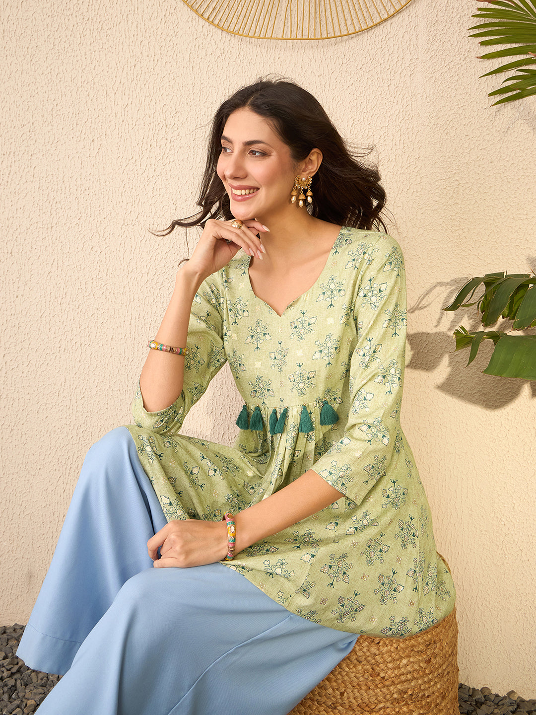 Women Green Rayon Blend Floral Printed Regular Peplum Top-VT1393