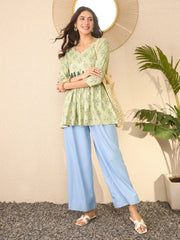 Women Green Rayon Blend Floral Printed Regular Peplum Top-VT1393