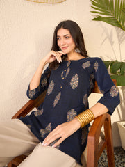 Women Navy Blue Cotton Blend Floral Printed Regular Top-VT1395