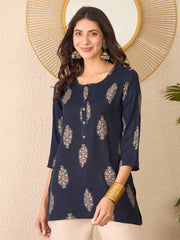 Women Navy Blue Cotton Blend Floral Printed Regular Top-VT1395
