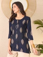 Women Navy Blue Cotton Blend Floral Printed Regular Top-VT1395