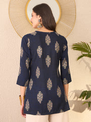 Women Navy Blue Cotton Blend Floral Printed Regular Top-VT1395