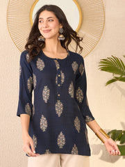 Women Navy Blue Cotton Blend Floral Printed Regular Top-VT1395