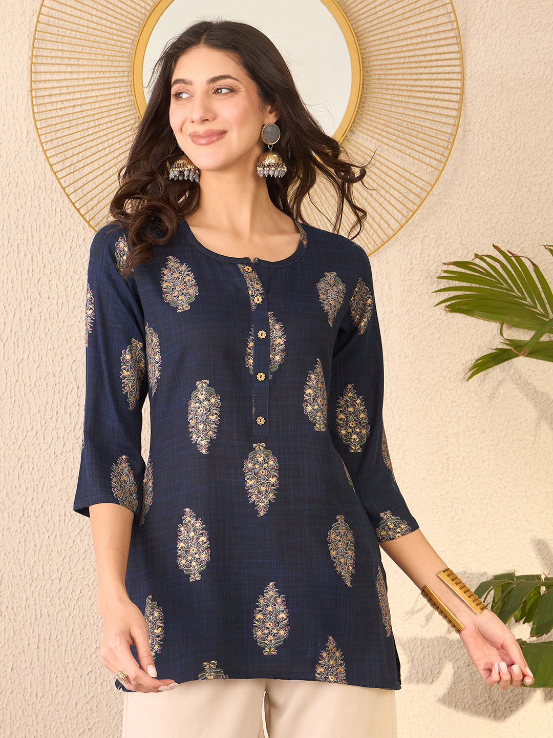Women Navy Blue Cotton Blend Floral Printed Regular Top