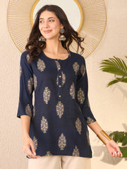 Women Navy Blue Cotton Blend Floral Printed Regular Top-VT1395